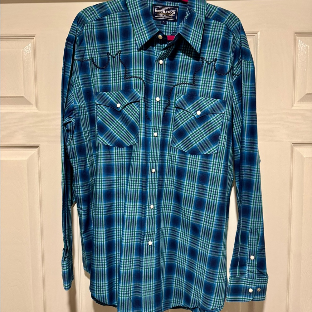 Rough Stock Panhandle Slim Teal-Navy Plaid Button Down Shirt Men’s XL